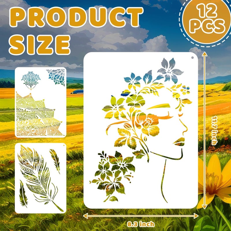 Resflyar 12 PCS Large Mandala Stencils Reusable Floral Moon Mandala Templates Vintage Flower Stencil for Painting on Floor Wood Wall Tile Fabric Furniture DIY Crafts Home Decor 8.3 x 11.7 Inch, A4 Size - Image 2